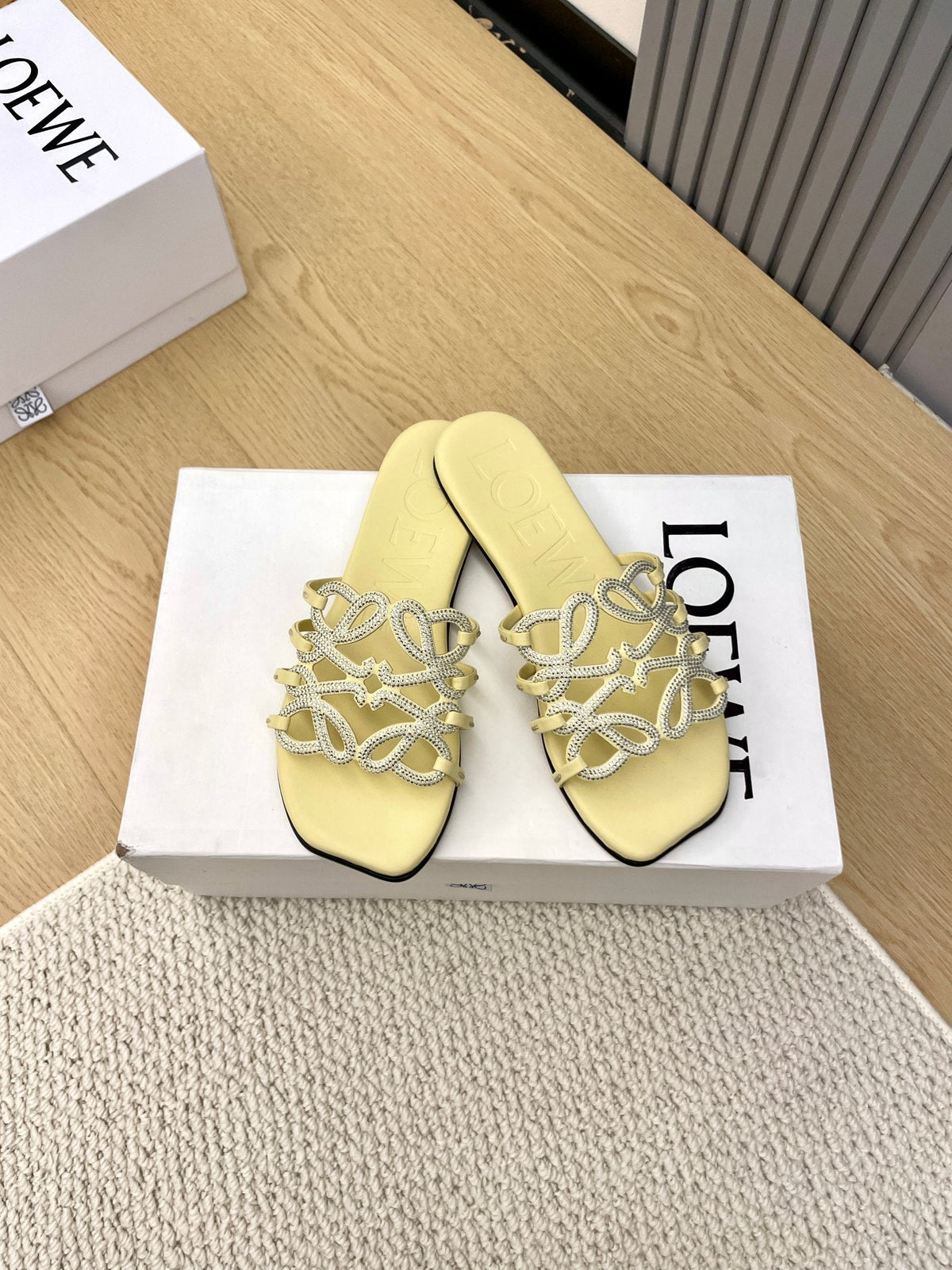 Loewe Petal Anagram Rhinestone Slides Light Yellow Leather 723135