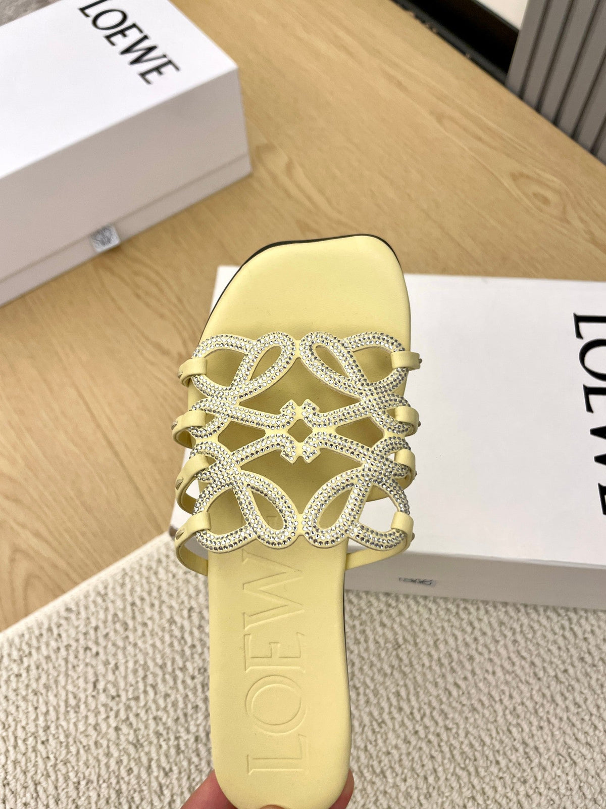 Loewe Petal Anagram Rhinestone Slides Light Yellow Leather 723135