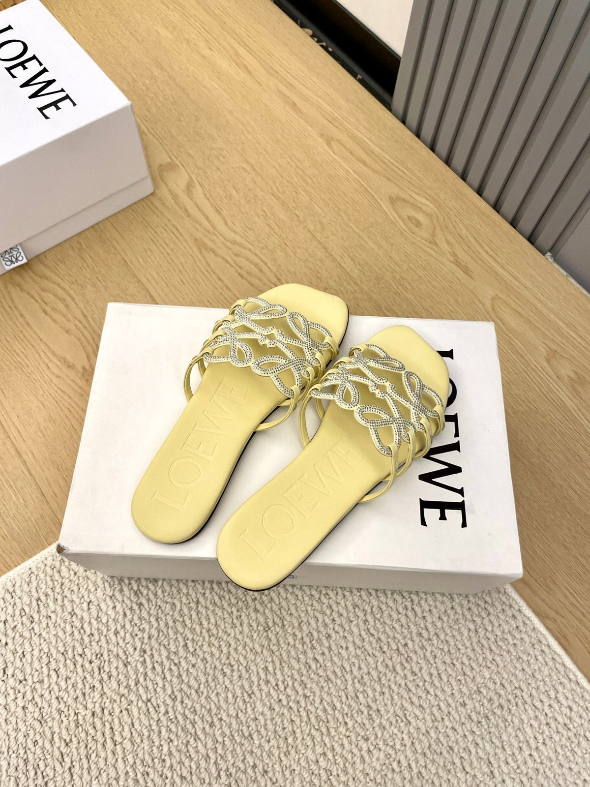 Loewe Petal Anagram Rhinestone Slides Light Yellow Leather 723135