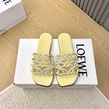 Loewe Petal Anagram Rhinestone Slides Light Yellow Leather 723135