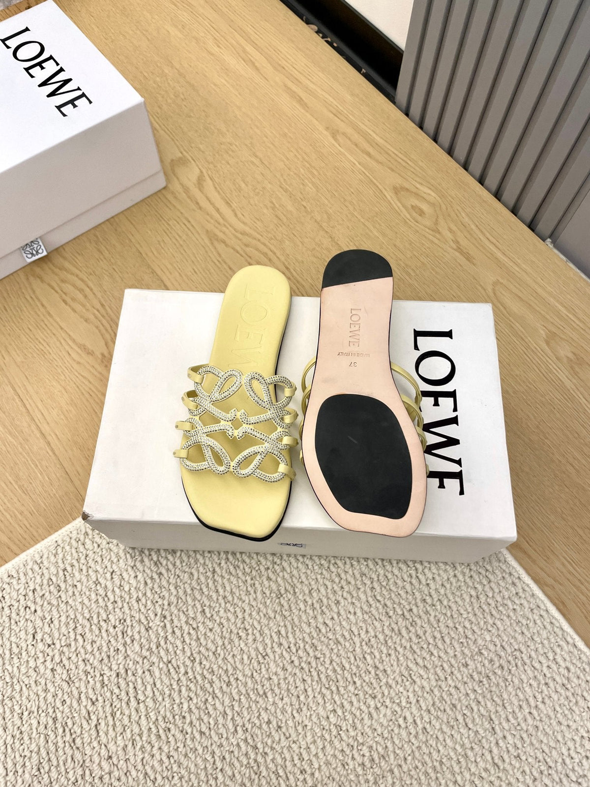Loewe Petal Anagram Rhinestone Slides Light Yellow Leather 723135