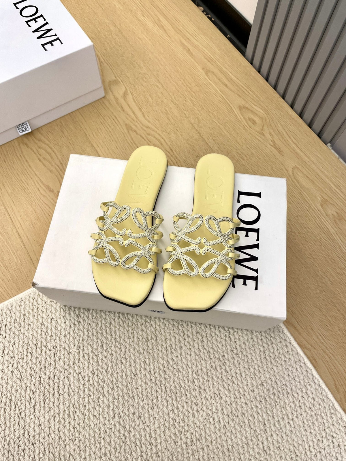 Loewe Petal Anagram Rhinestone Slides Light Yellow Leather 723135