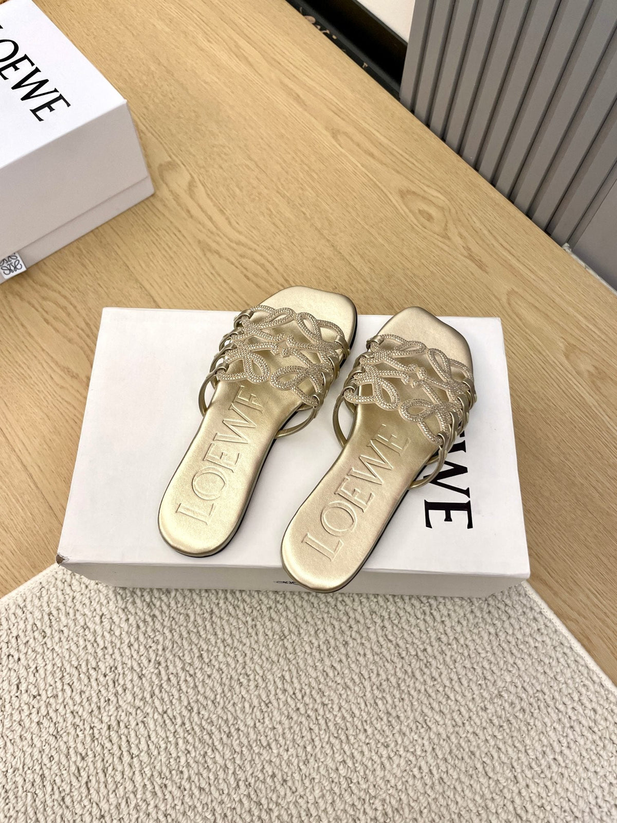 Loewe Petal Anagram Rhinestone Slides Golden Leather 723137