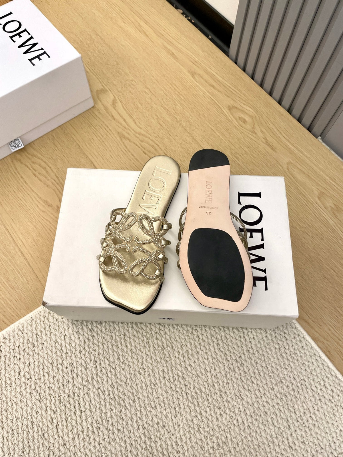 Loewe Petal Anagram Rhinestone Slides Golden Leather 723137