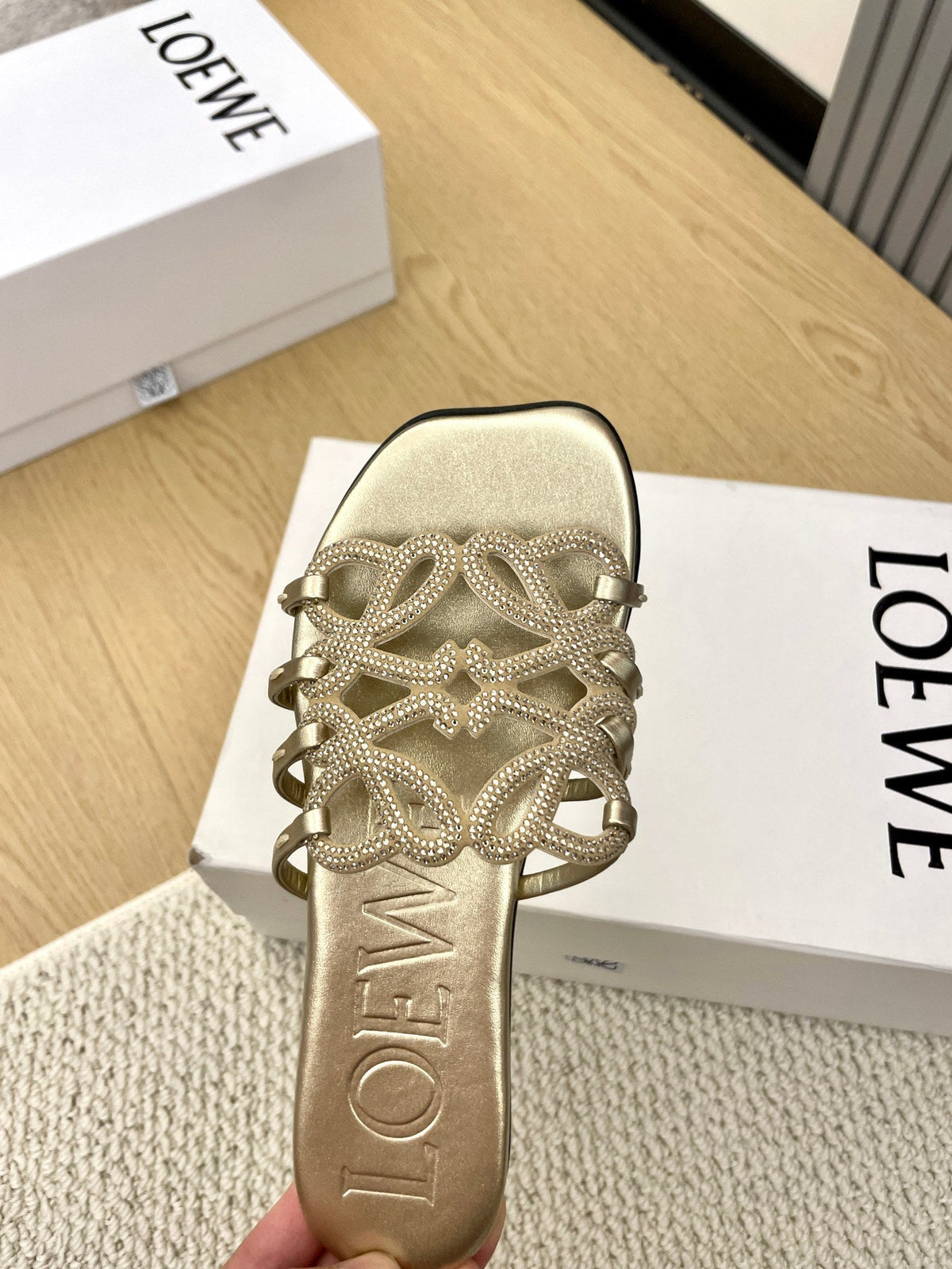Loewe Petal Anagram Rhinestone Slides Golden Leather 723137