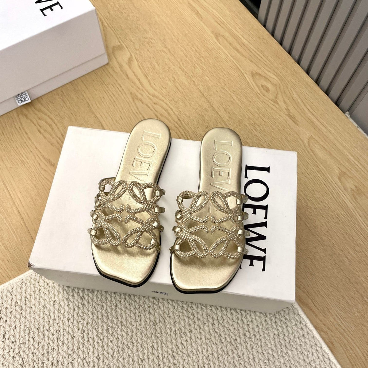 Loewe Petal Anagram Rhinestone Slides Golden Leather 723137