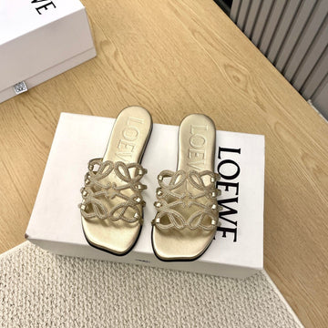 Loewe Petal Anagram Rhinestone Slides Golden Leather 723137