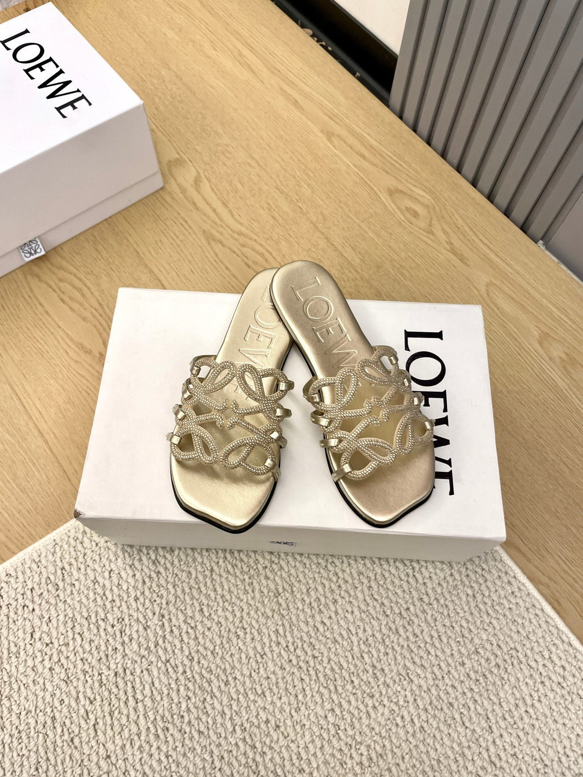 Loewe Petal Anagram Rhinestone Slides Golden Leather 723137