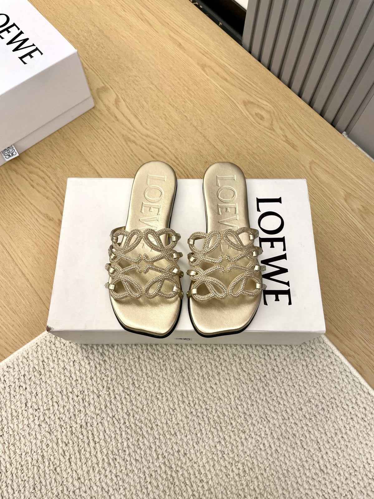 Loewe Petal Anagram Rhinestone Slides Golden Leather 723137