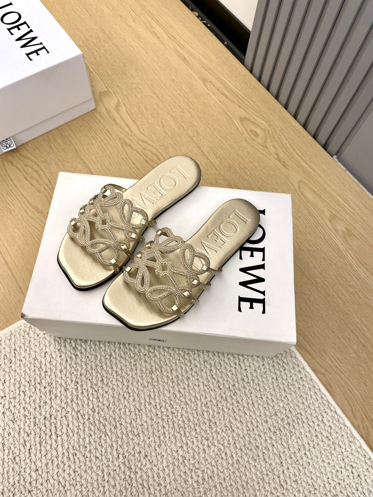 Loewe Petal Anagram Rhinestone Slides Golden Leather 723137