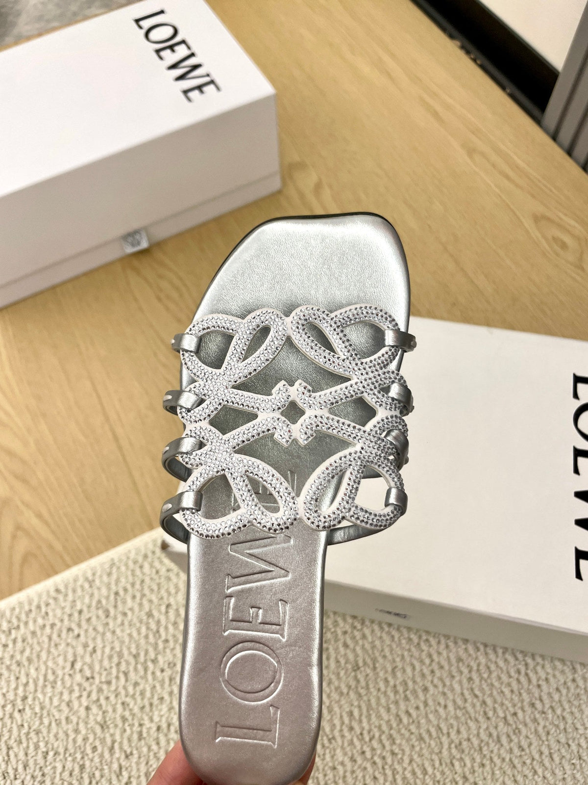 Loewe Petal Anagram Rhinestone Slides Sliver Leather 723138