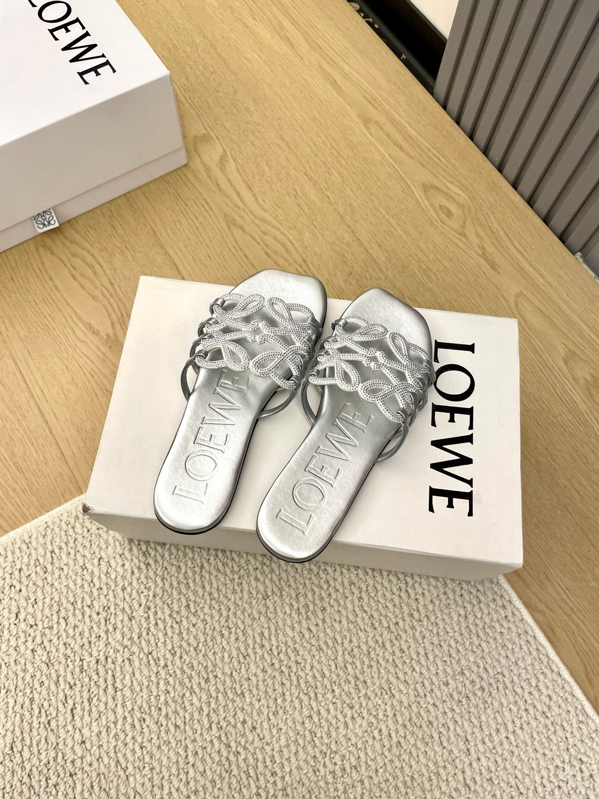 Loewe Petal Anagram Rhinestone Slides Sliver Leather 723138
