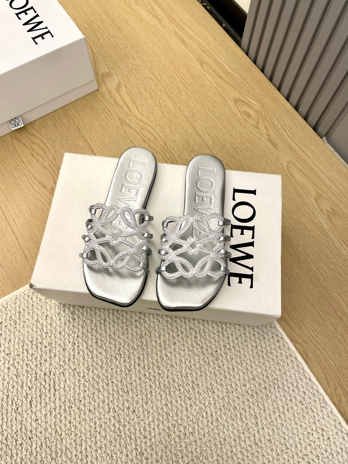 Loewe Petal Anagram Rhinestone Slides Sliver Leather 723138
