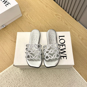 Loewe Petal Anagram Rhinestone Slides Sliver Leather 723138