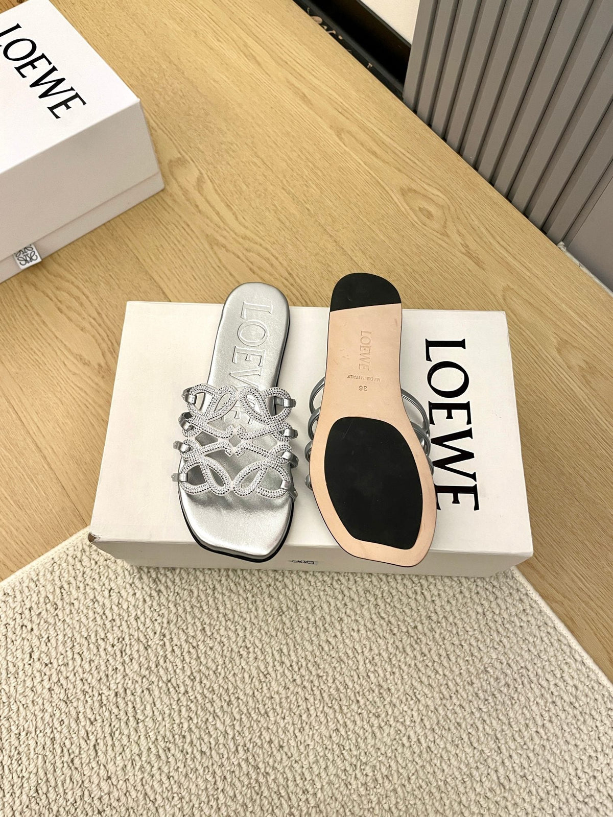 Loewe Petal Anagram Rhinestone Slides Sliver Leather 723138