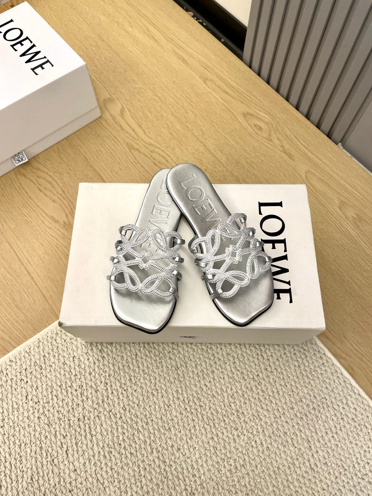 Loewe Petal Anagram Rhinestone Slides Sliver Leather 723138