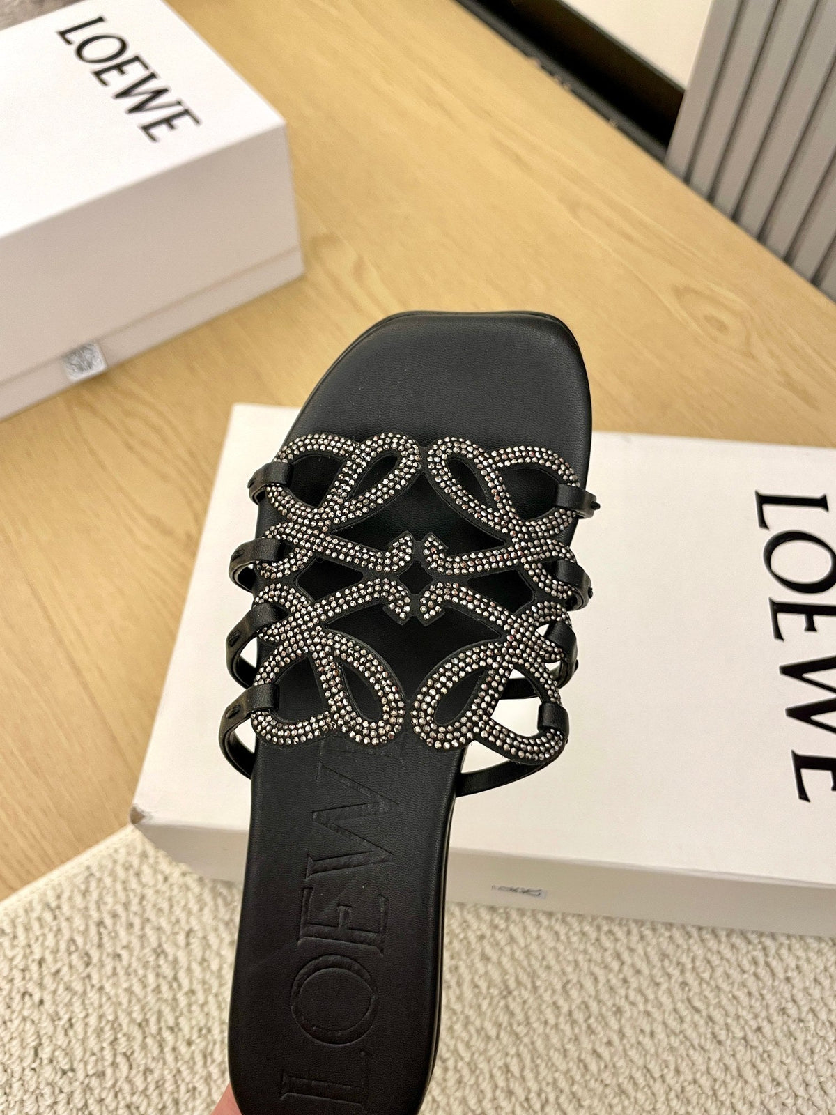 Loewe Petal Anagram Rhinestone Slides Black Leather 723139