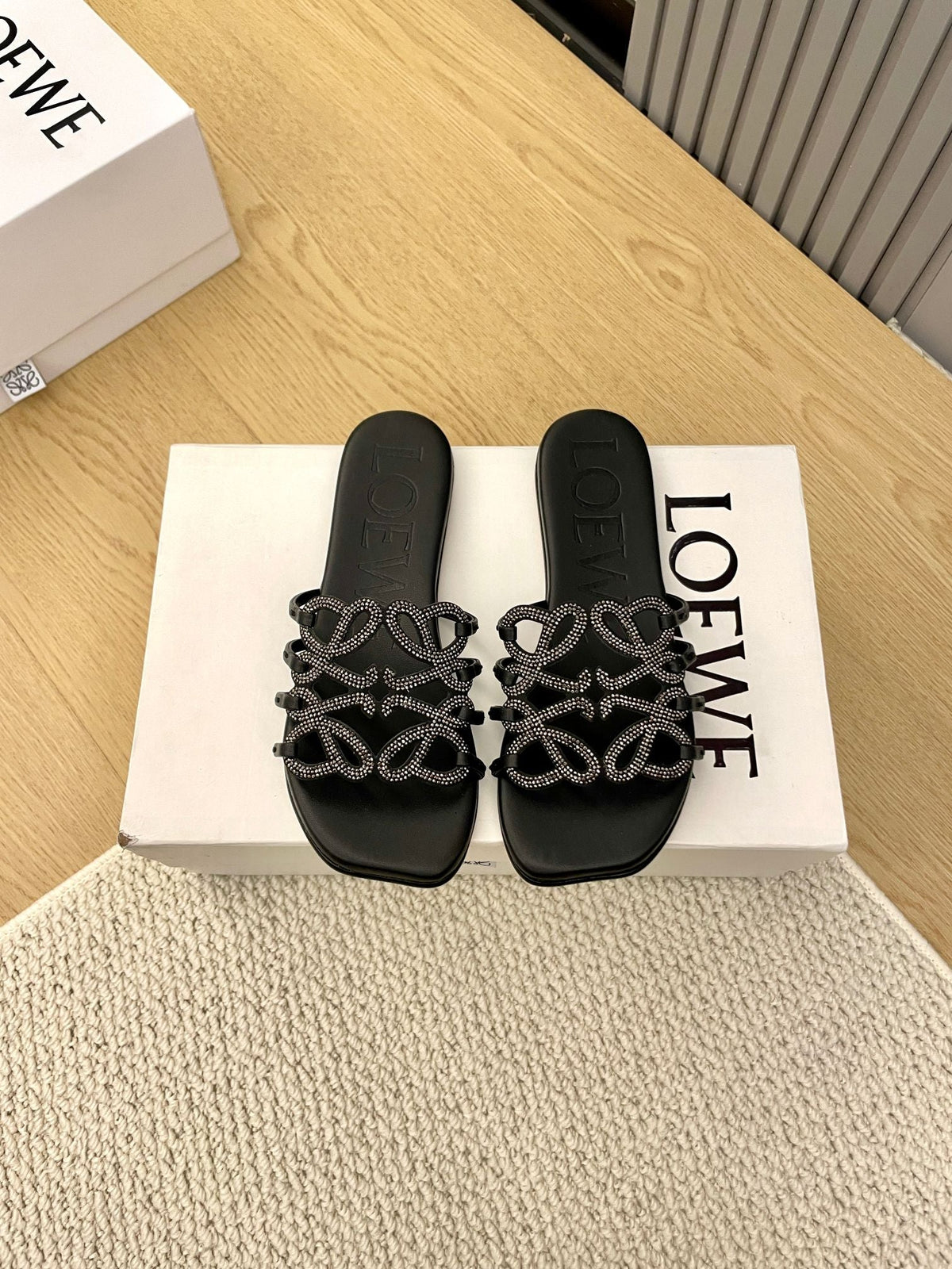 Loewe Petal Anagram Rhinestone Slides Black Leather 723139