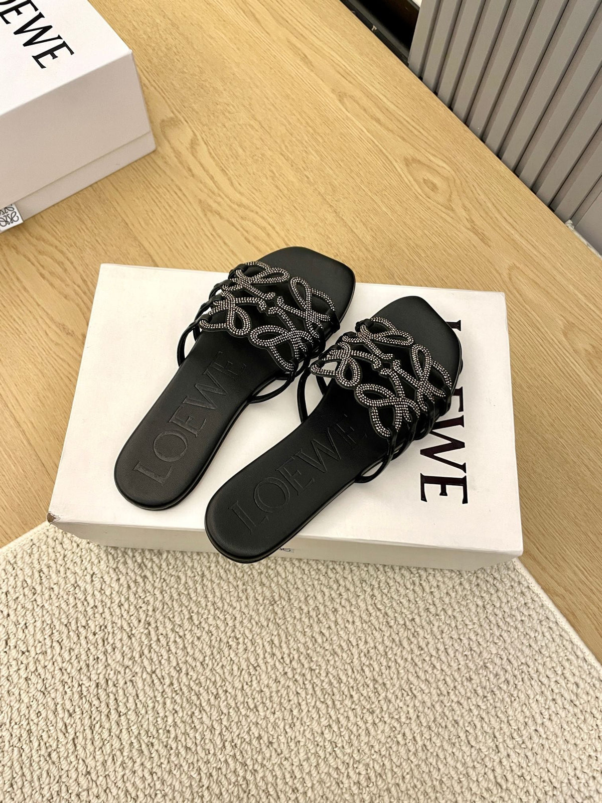 Loewe Petal Anagram Rhinestone Slides Black Leather 723139