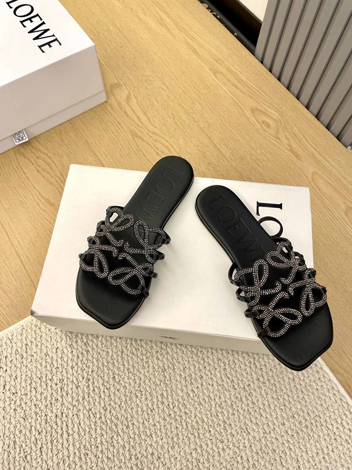 Loewe Petal Anagram Rhinestone Slides Black Leather 723139
