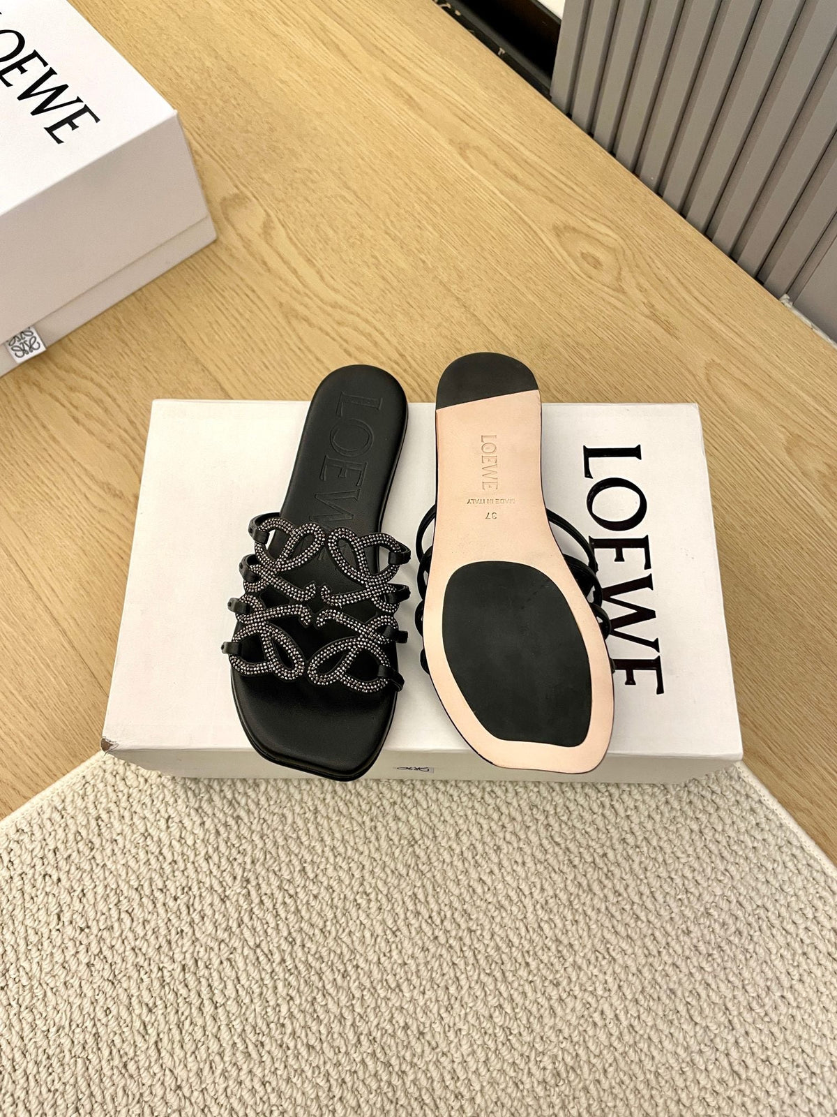 Loewe Petal Anagram Rhinestone Slides Black Leather 723139