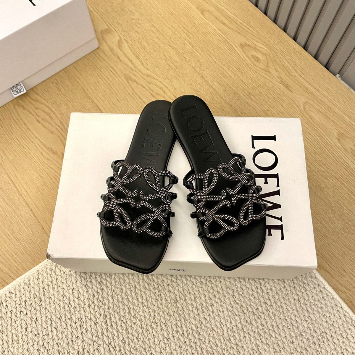 Loewe Petal Anagram Rhinestone Slides Black Leather 723139