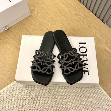 Loewe Petal Anagram Rhinestone Slides Black Leather 723139