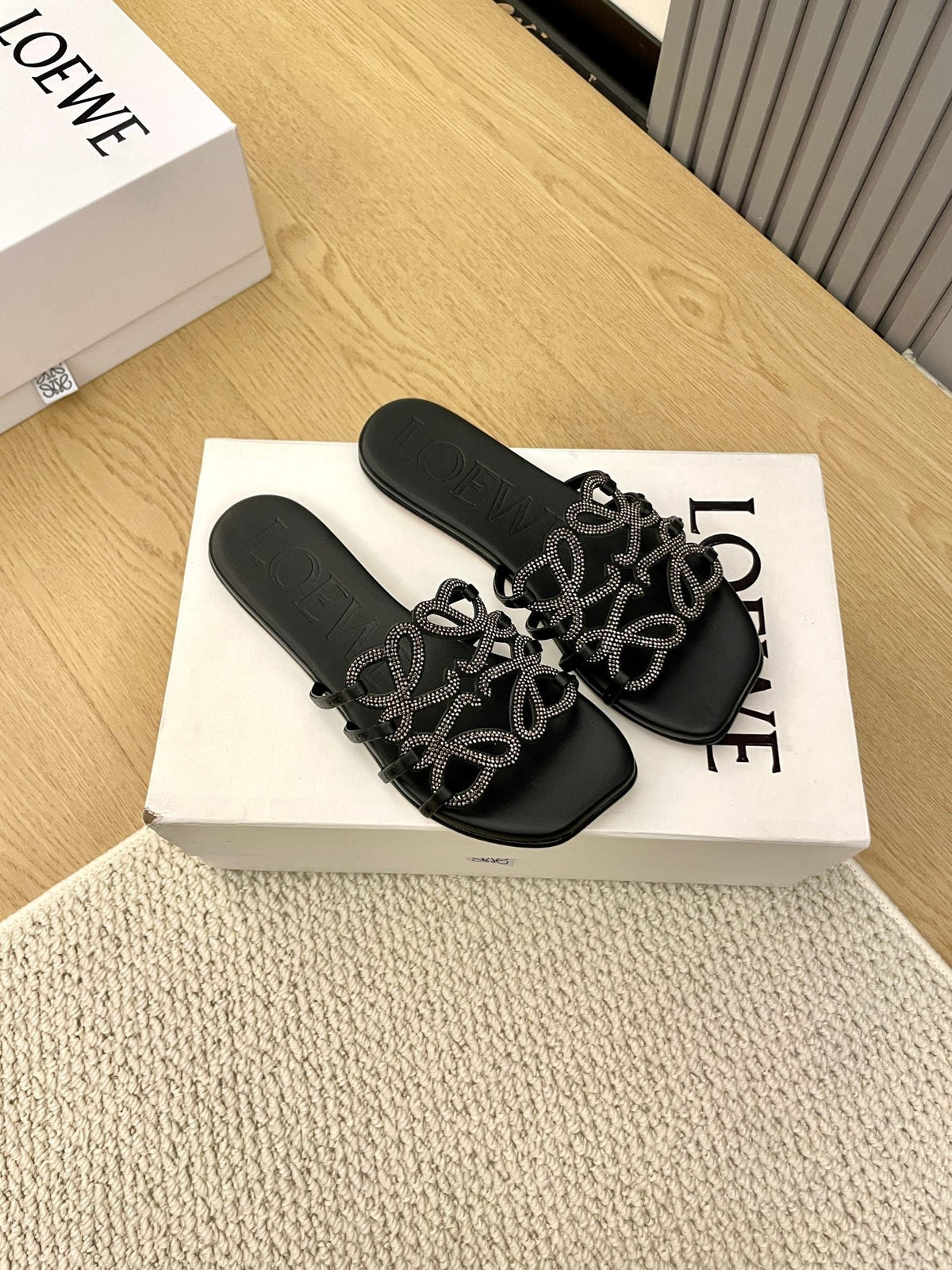 Loewe Petal Anagram Rhinestone Slides Black Leather 723139
