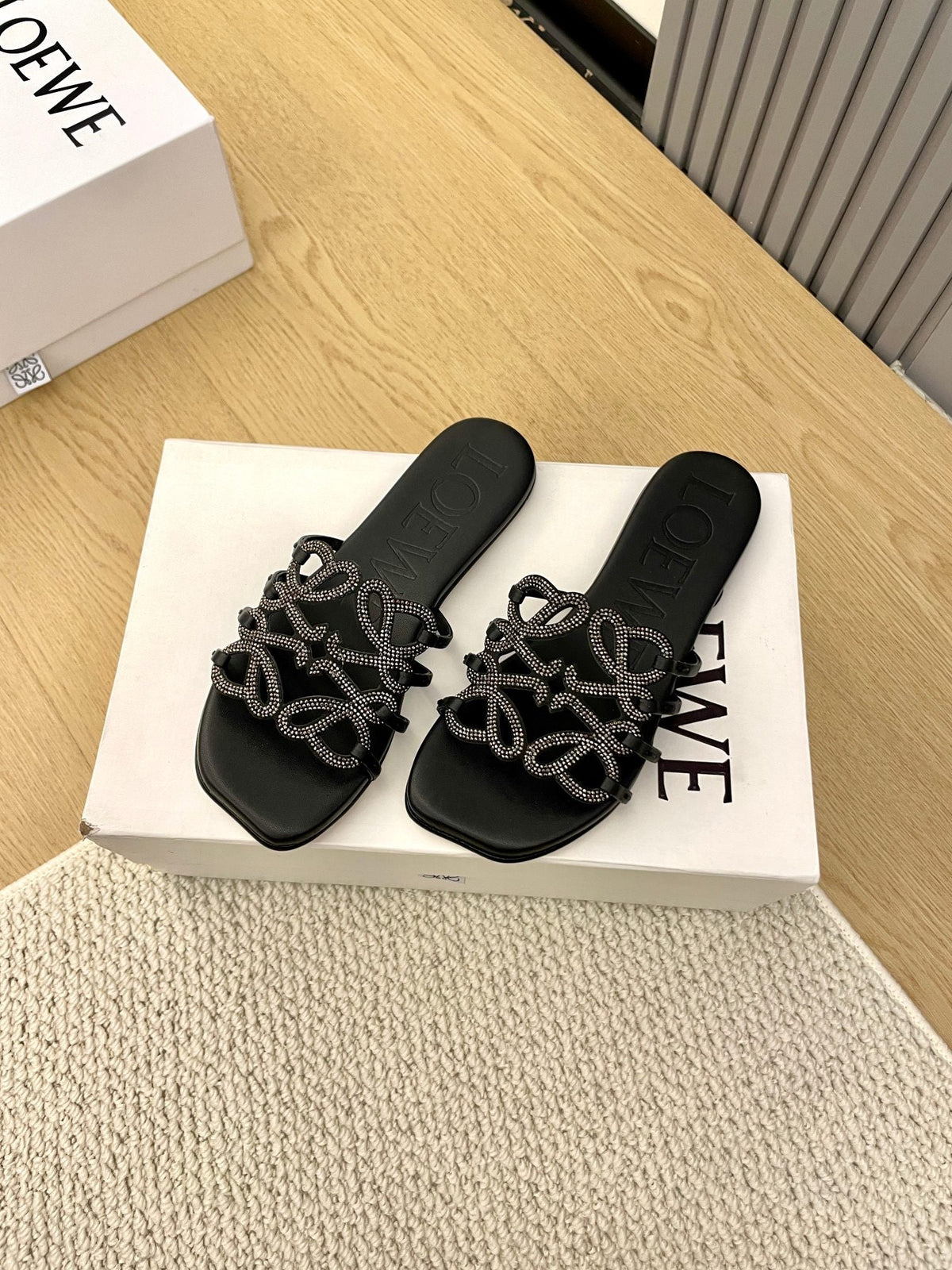 Loewe Petal Anagram Rhinestone Slides Black Leather 723139