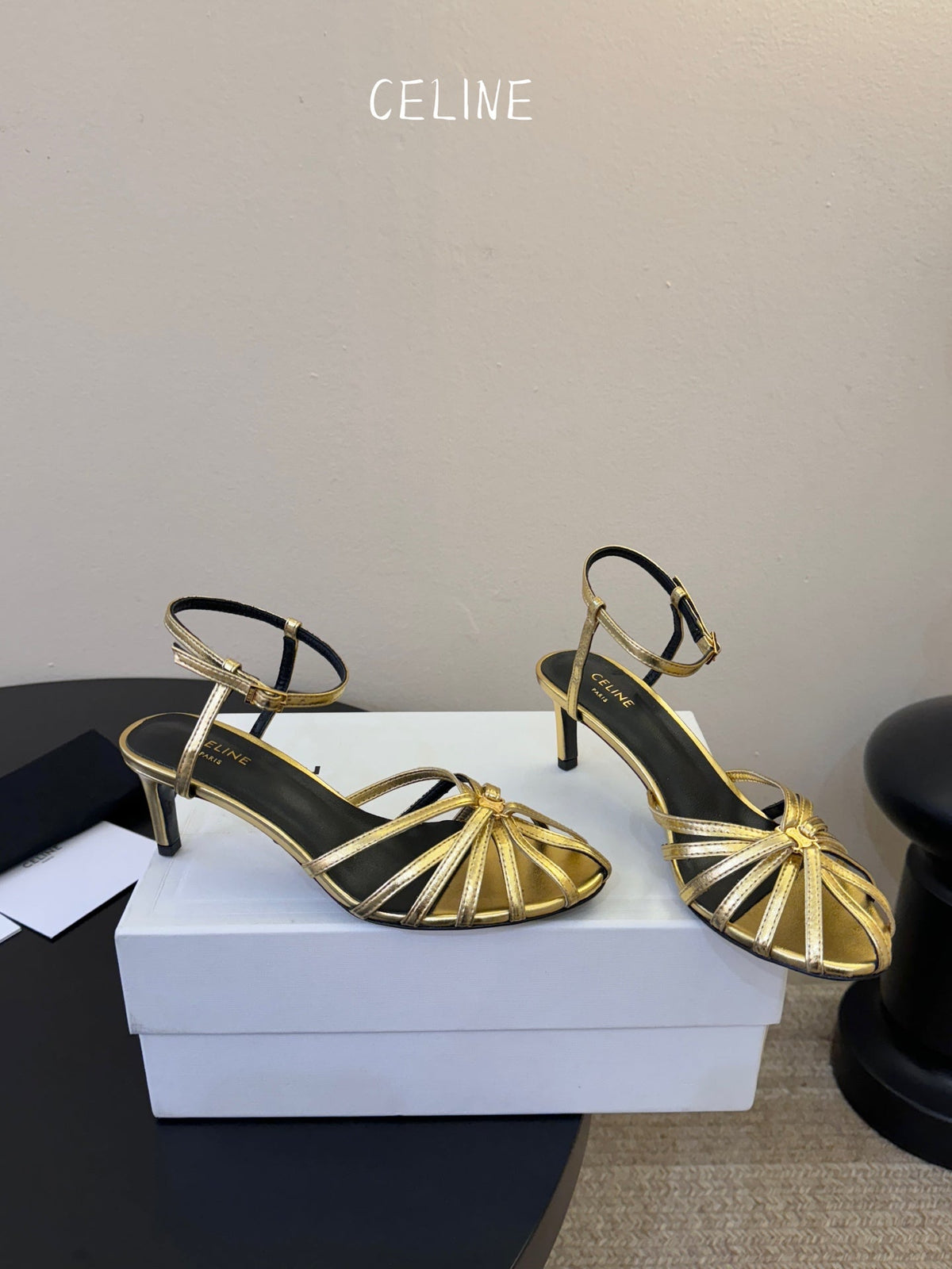 Celine Triomphe Sandal 6.5cm Gold Laminated Lambskin 835896