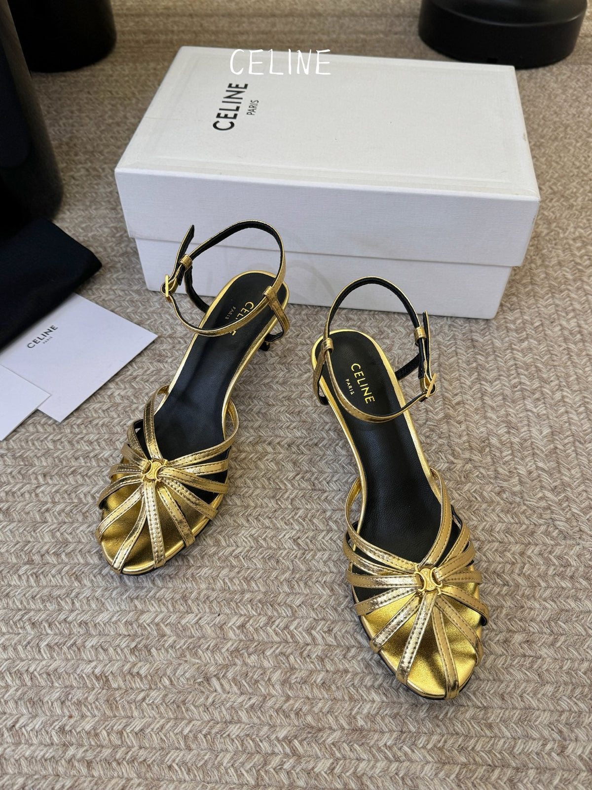 Celine Triomphe Sandal 6.5cm Gold Laminated Lambskin 835896