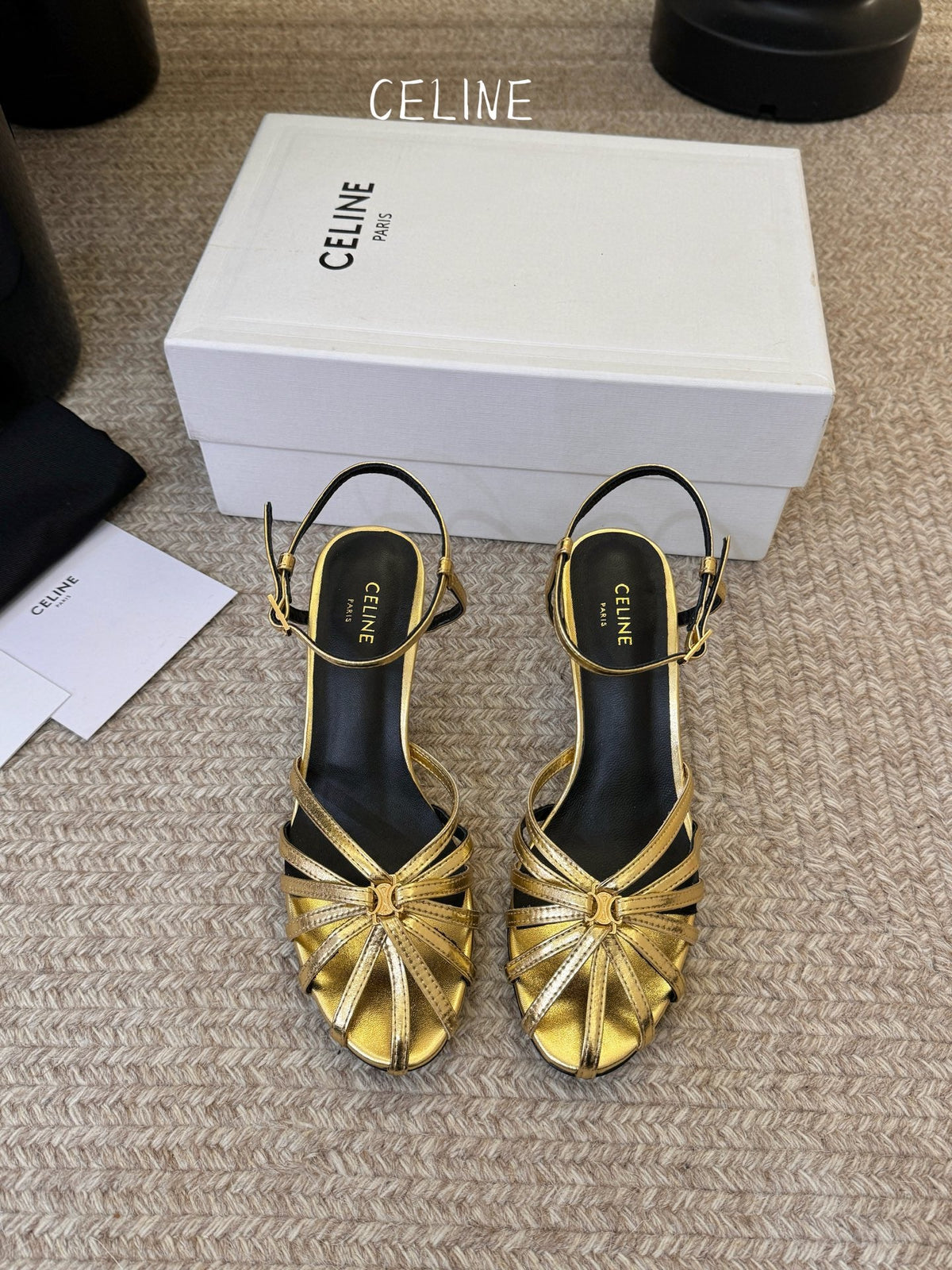 Celine Triomphe Sandal 6.5cm Gold Laminated Lambskin 835896