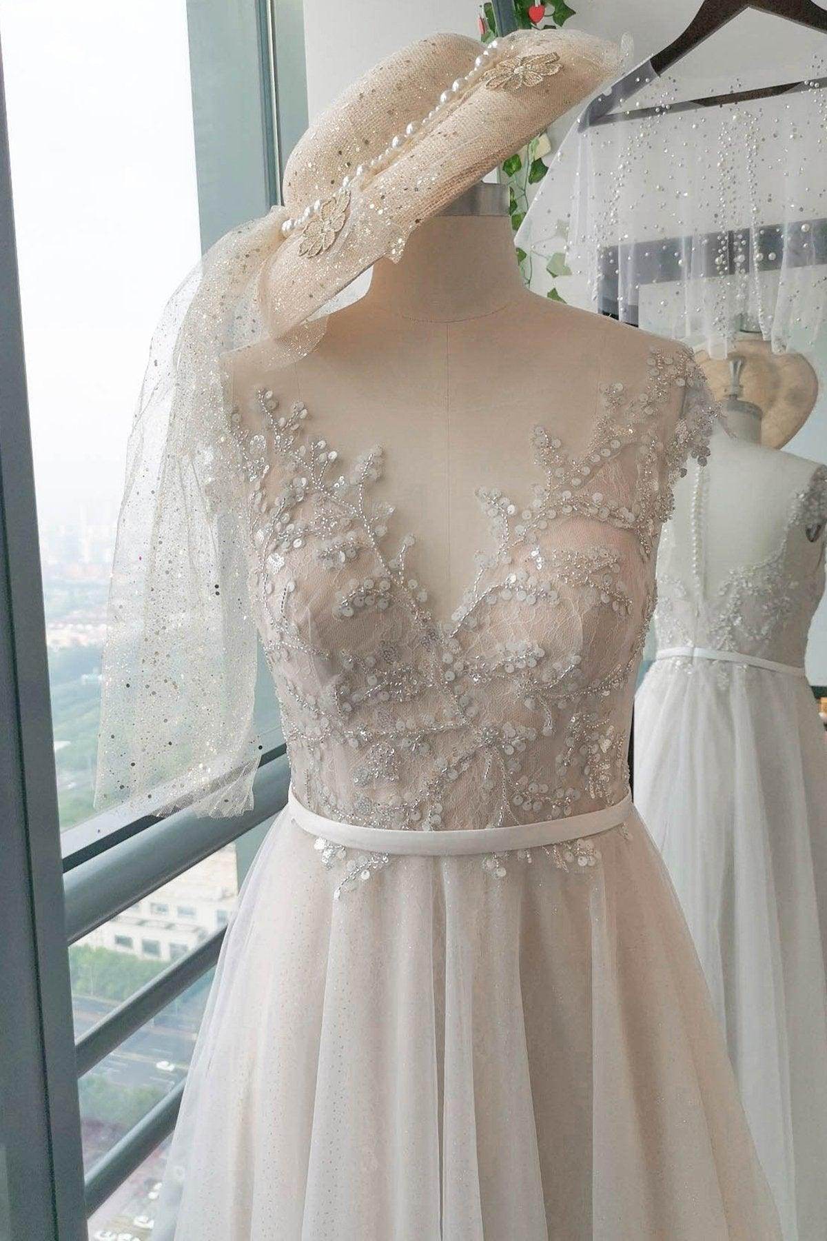A-Line Sweep-Brush Train Lace Tulle Wedding Dress CW2739