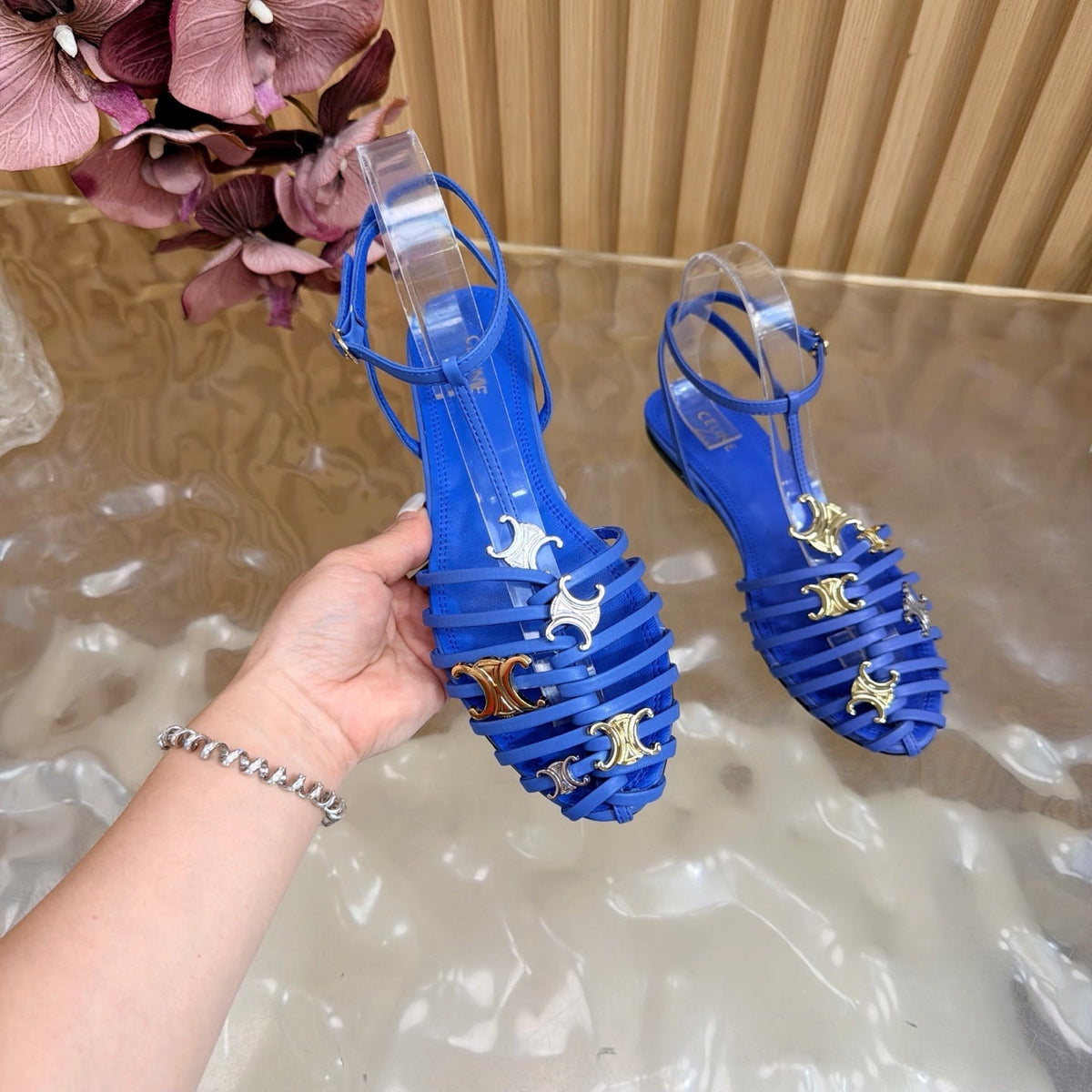 Celine 26s Cage Flat Sandals Blue Lambskin 898124
