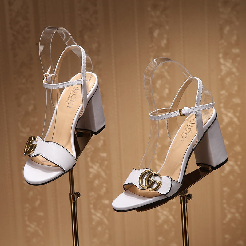 GG Marmont Ankle Strap Sandal 8cm White Sheepskin 342563