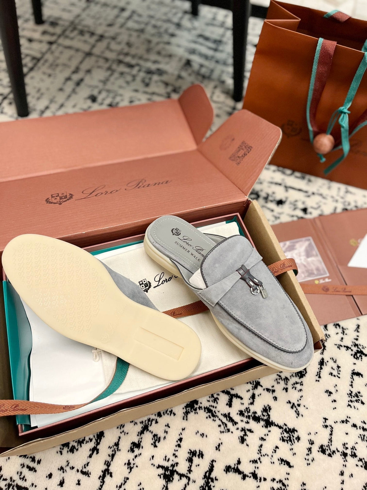 Loro Piana Grey Black Suede Charms Walk Flat Mules