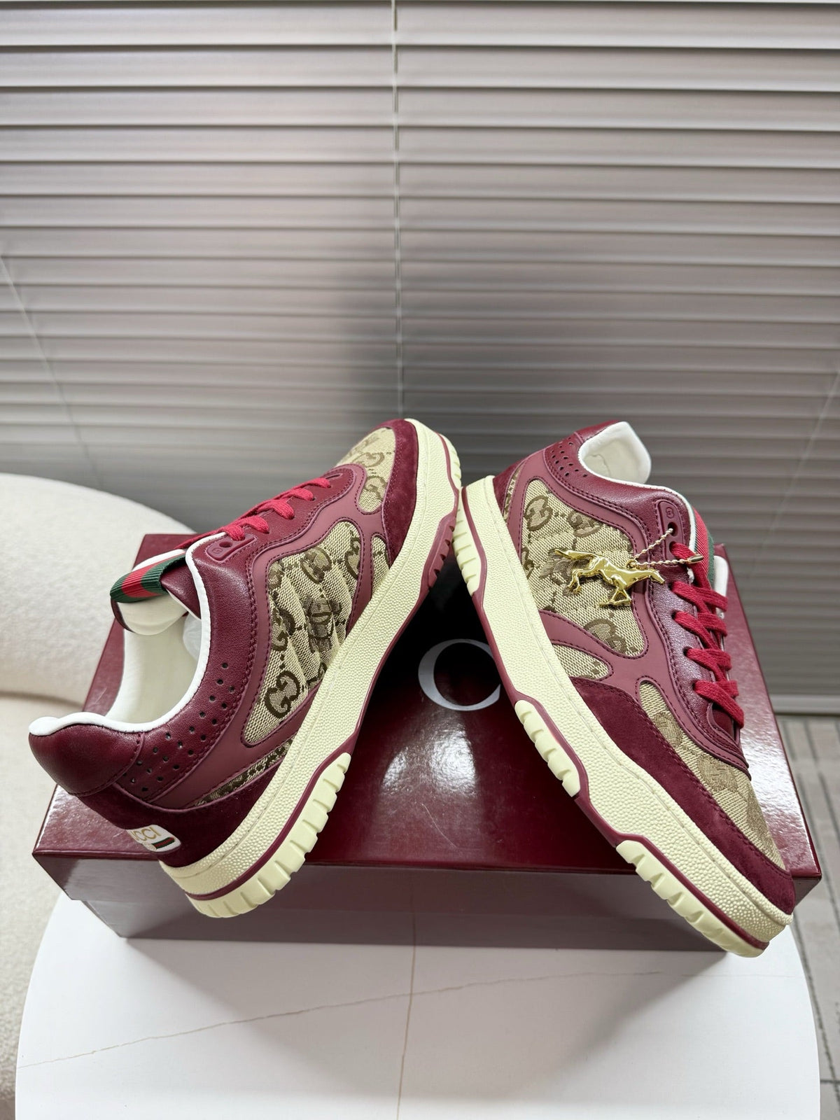 Gucci 26s Mac80 Sneaker In Beige Canvas And Dark Red Leather