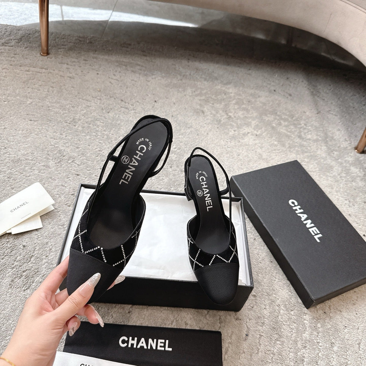CC Slingback Black Quilted Canvas Suede 716361