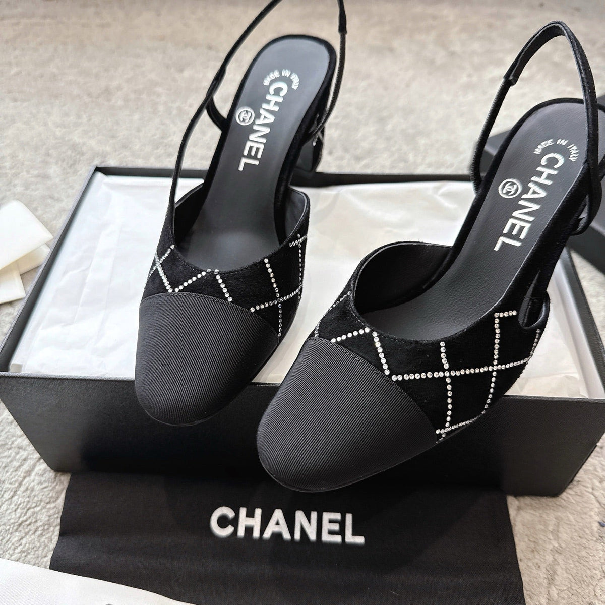 CC Slingback Black Quilted Canvas Suede 716361