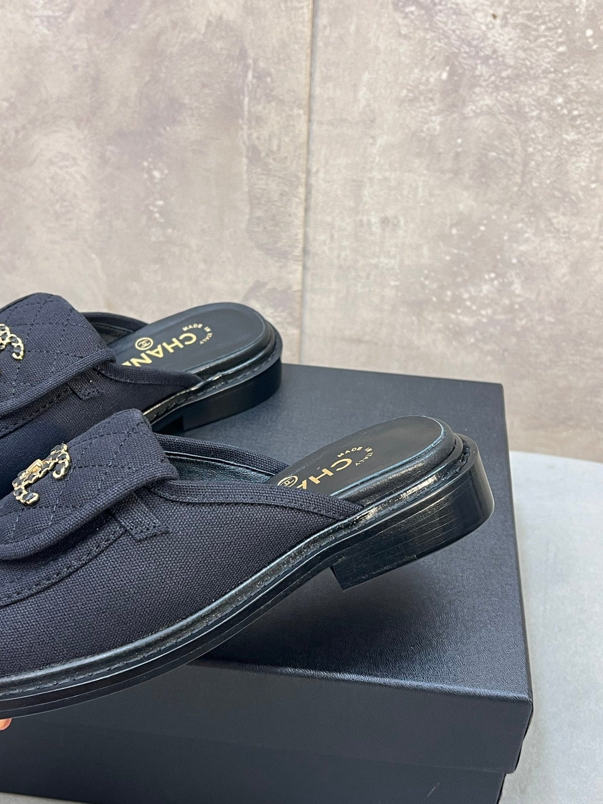 CC 26s Mule Loafers Black Canvas With Quilted Flap