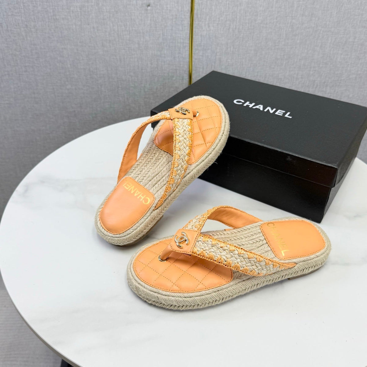CC 26s Flip Flops Quilted Espadrille Beige Leather 972713