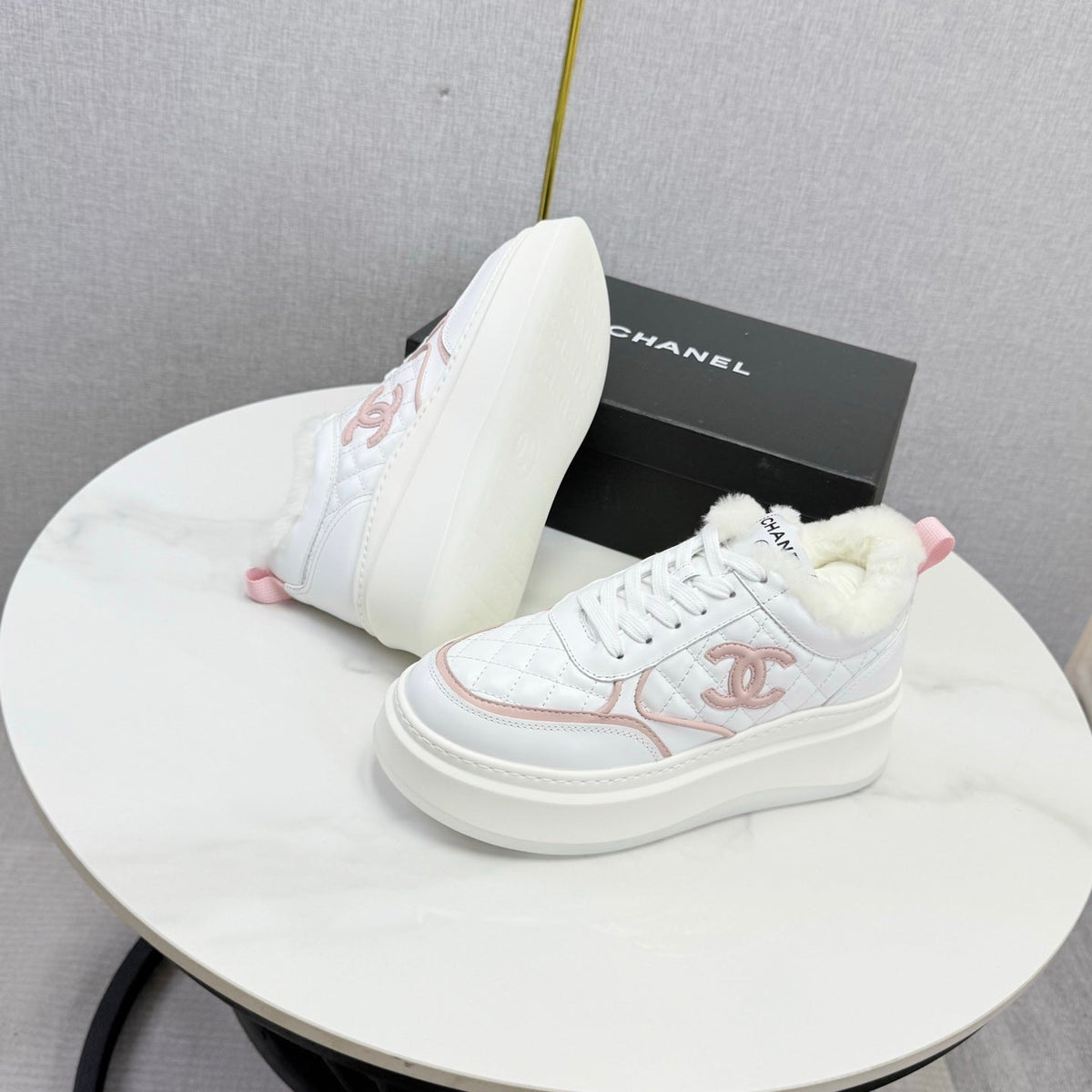 CC 26s Platform Sneakers Pink White Quilted Calfskin Shearling 972890
