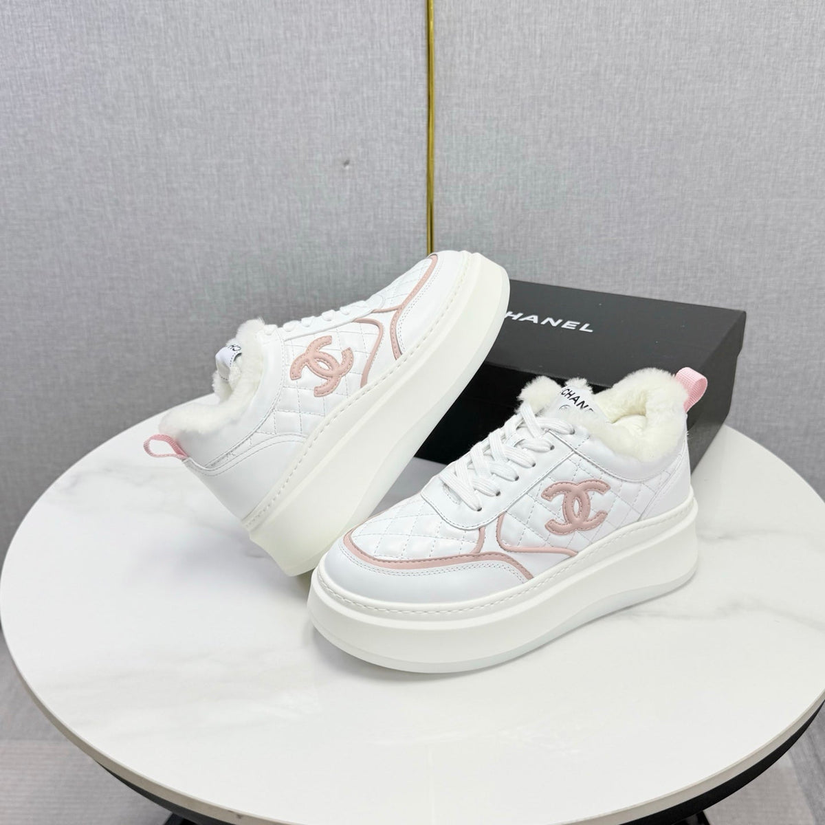 CC 26s Platform Sneakers Pink White Quilted Calfskin Shearling 972890