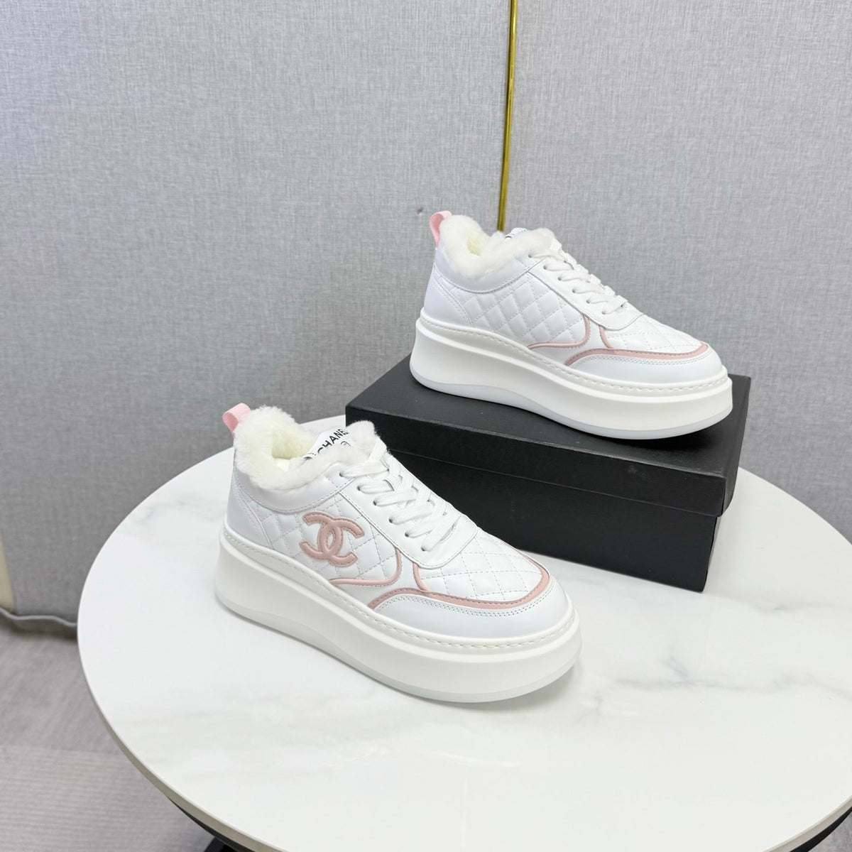 CC 26s Platform Sneakers Pink White Quilted Calfskin Shearling 972890