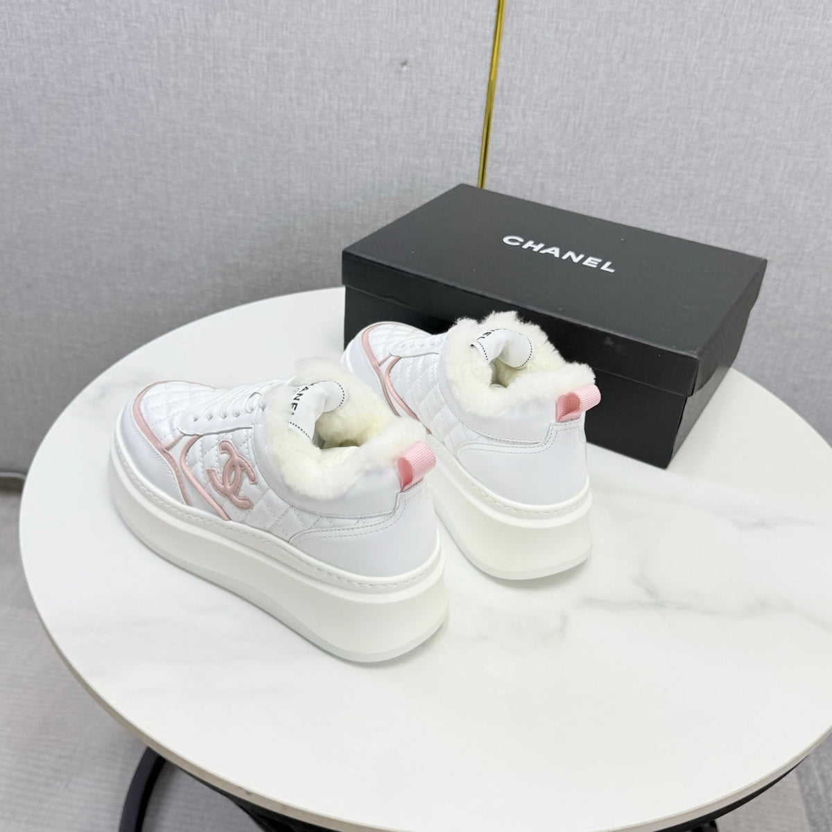 CC 26s Platform Sneakers Pink White Quilted Calfskin Shearling 972890