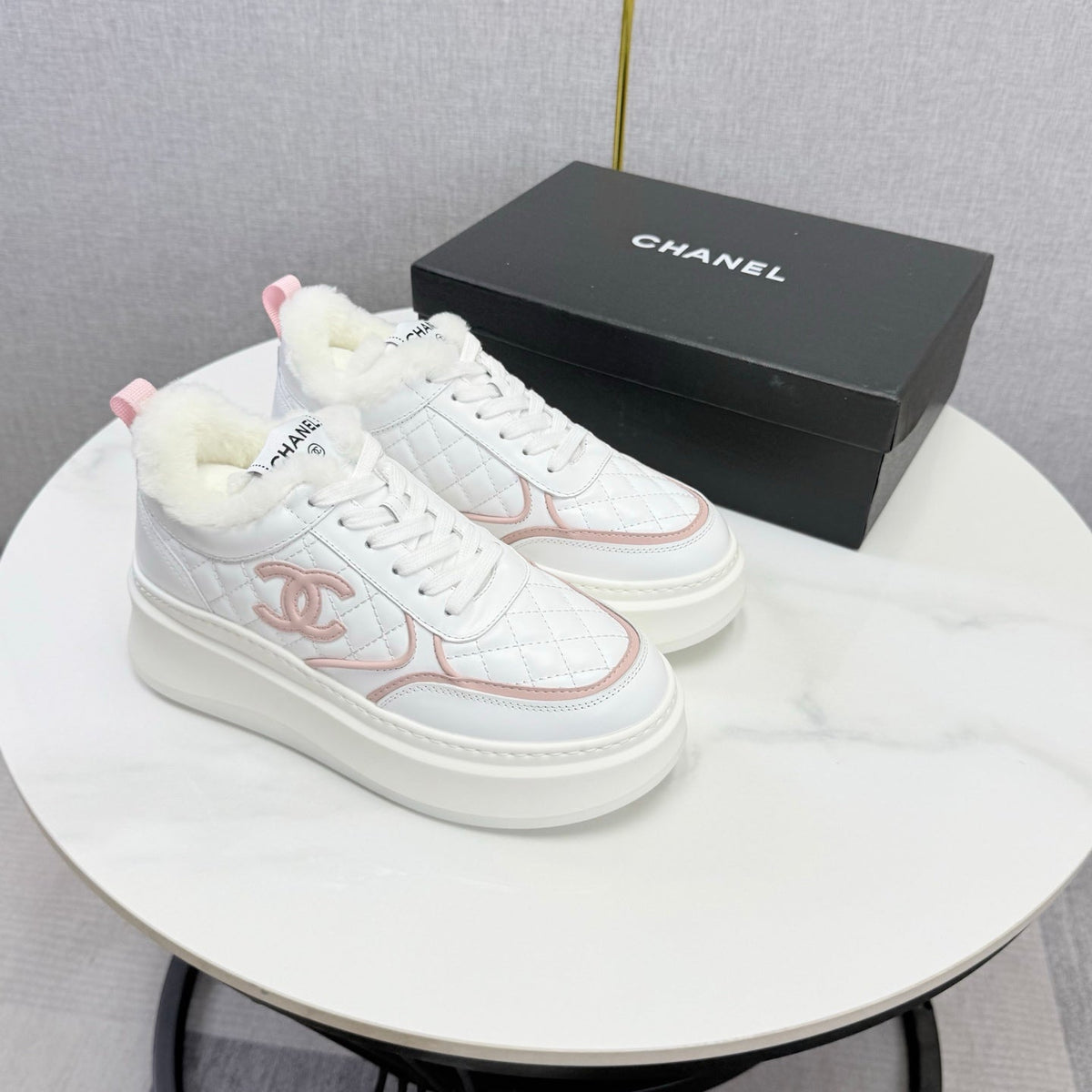 CC 26s Platform Sneakers Pink White Quilted Calfskin Shearling 972890