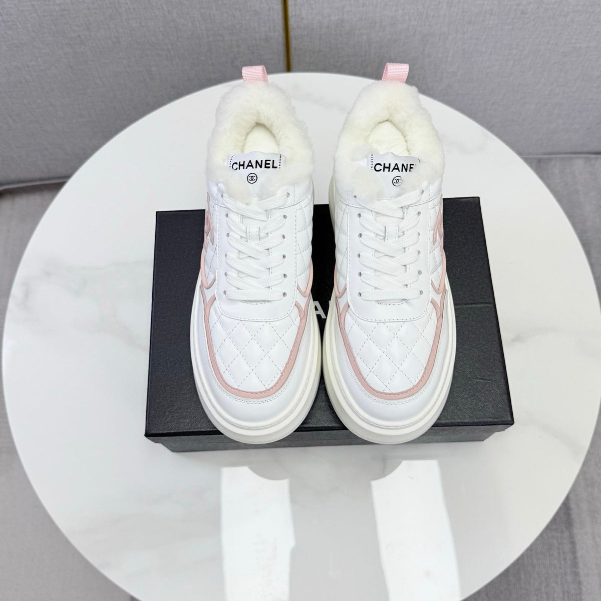 CC 26s Platform Sneakers Pink White Quilted Calfskin Shearling 972890