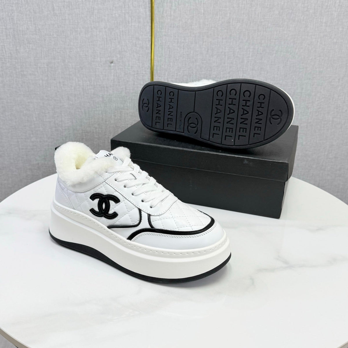 CC 26s Platform Sneakers White Quilted Calfskin Shearling 972894