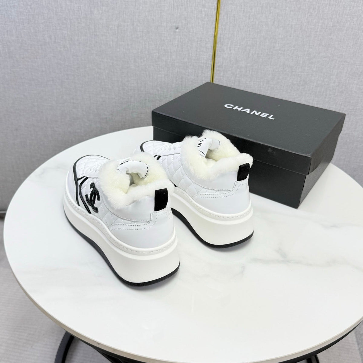 CC 26s Platform Sneakers White Quilted Calfskin Shearling 972894