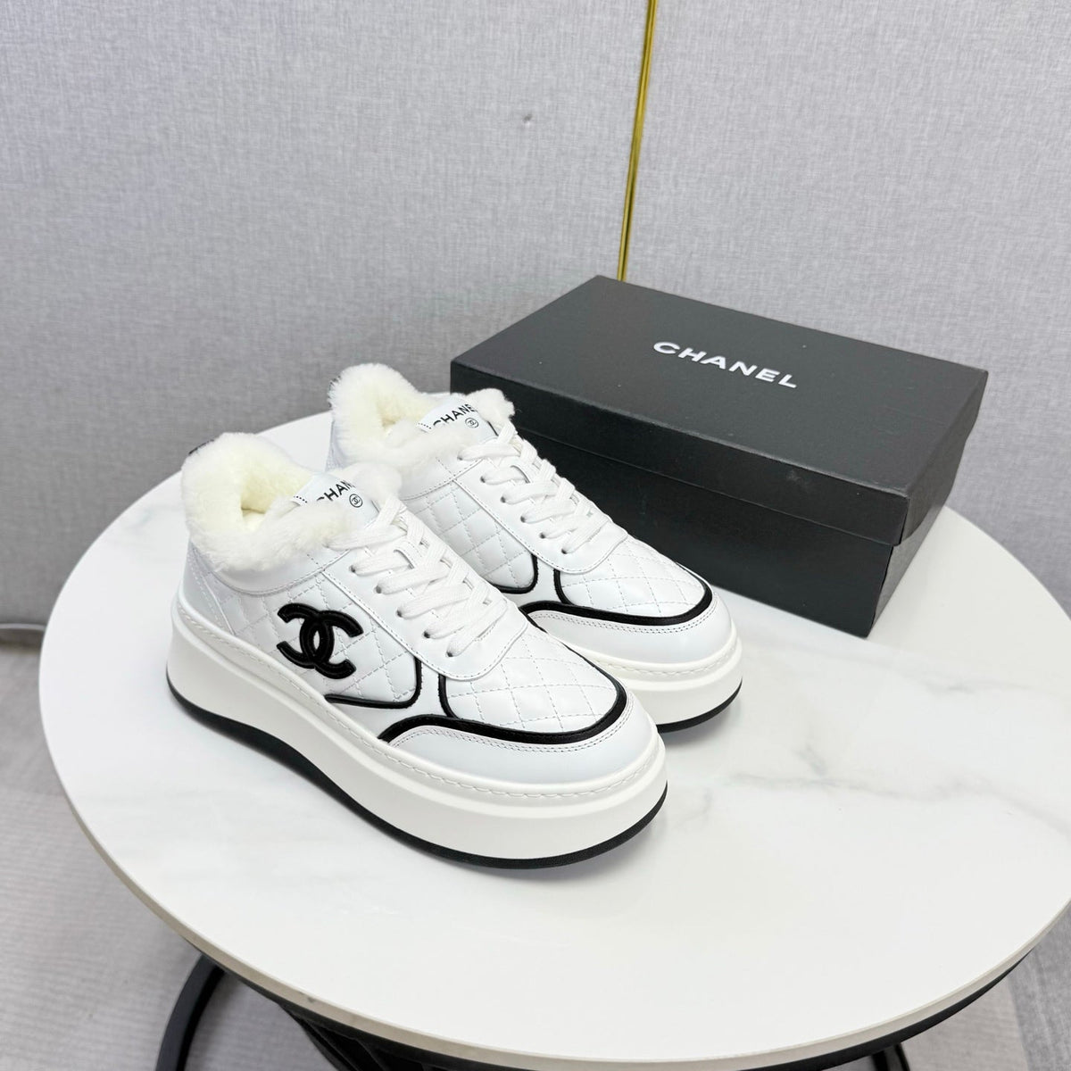 CC 26s Platform Sneakers White Quilted Calfskin Shearling 972894